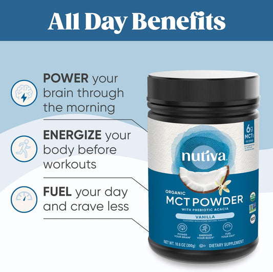 Nutiva Organic Mct Powder With Prebiotic Acacia Fiber, Vanilla, 10.6 Oz, Usda Organic, Non-Gmo, Non-Bpa, Vegan, Gluten-Free, Keto & Paleo, Instant Beverage Or Boost To Coffee & Smoothies