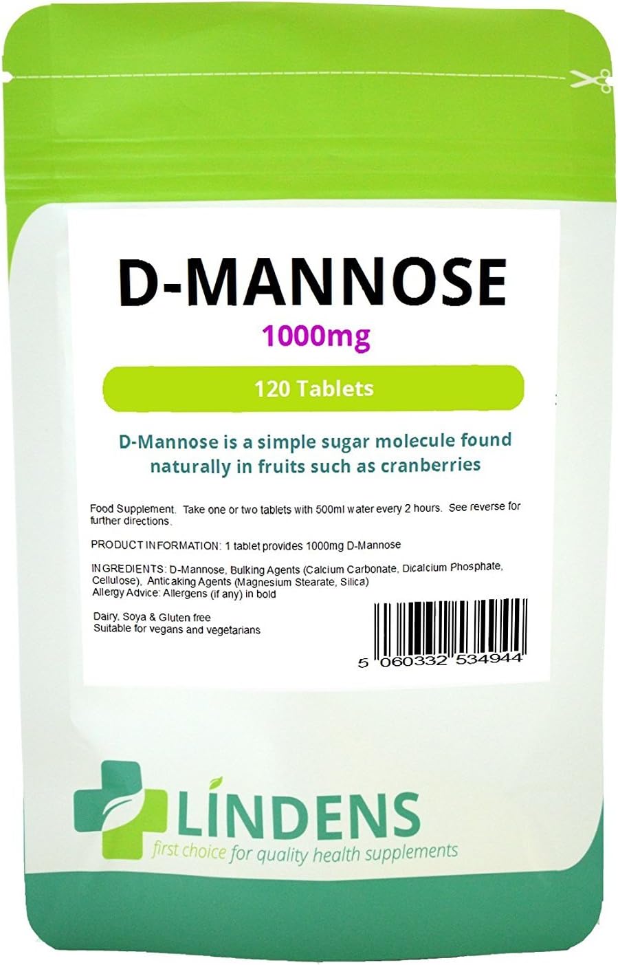 Lindens D-Mannose 1000mg Tablets - 120 Pack - Each Tablet Provides 1000mg D Mannose - UK Manufacturer, Letterbox Friendly