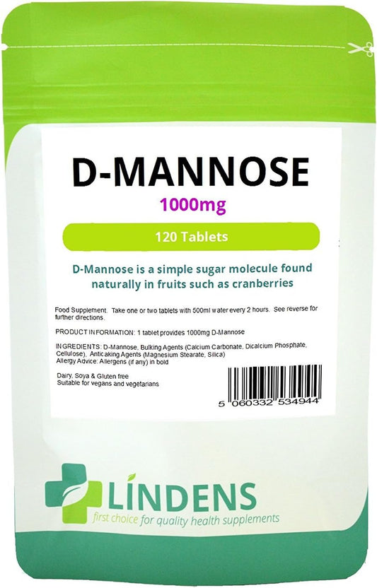 Lindens D-Mannose 1000mg Tablets - 120 Pack - Each Tablet Provides 1000mg D Mannose - UK Manufacturer, Letterbox Friendly