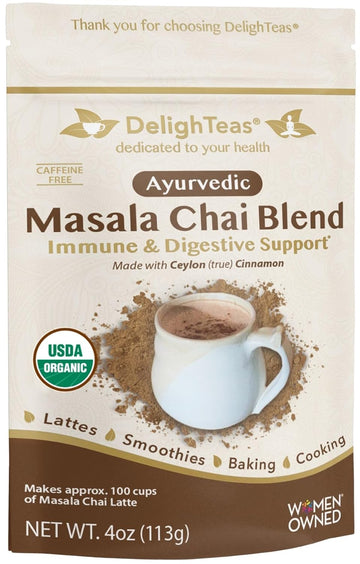 Delighteas Organic Masala Chai Powder | Caffeine Free, Unsweetened, Vegan, Keto | Ayurvedic Digestive Support Blend For Chai Spice Tea | 100 Servings, 4Oz