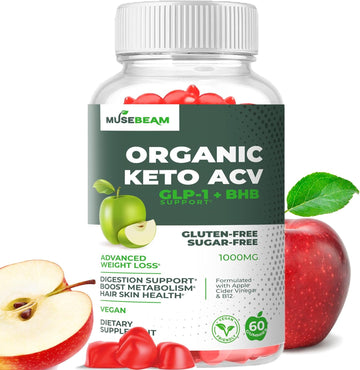 Organic Keto Acv Gummies Advanced Weight Loss - Gluten & Sugar Free Belly Fat Burner Apple Cider Vinegar Diet Supplement For Women Men (1000Mg)