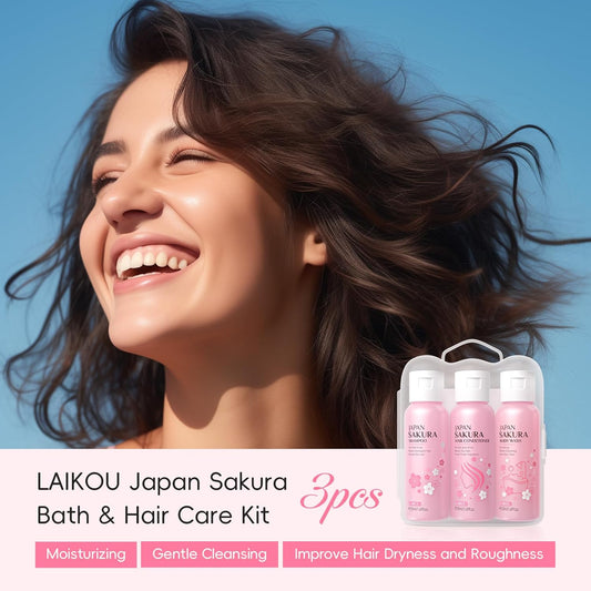 Laikou Sakura Spa Gift Set, Bath & Hair Care Travel Kit, Shampoo, Conditioner & Body Wash, Hydrating, Nourishing & Gentle For All Skin & Hair Types, Christmas Birthday Gifts For Women Teenage Girl