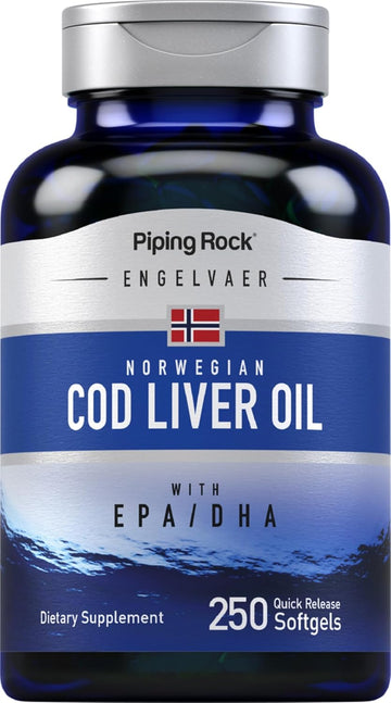 Piping Rock Cod Liver Oil Capsules | 250 Softgels | with EPA DHA | Engelvaer Norwegian | Non-GMO, Gluten Free Supplement