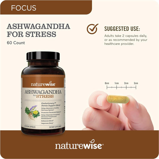 Naturewise Ashwagandha For Stress | Calming Ksm-66 Herbal Supplement Extract + Gaba, L-Theanine, Rhodiola Rosea, Light Brown, 60 Count