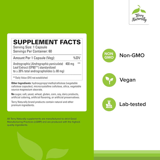 Terry Naturally Andrographis Ep80 Extra Strength - Brain Health & Immune Support - Joint Health Supplement To Aid Mobility - Vegan Adaptogen Supplement For Energy & Liver Support - 60 Capsules