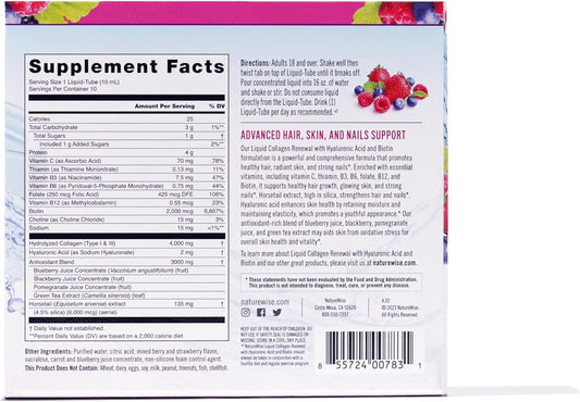 Naturewise Liquid Collagen For Women 4000Mg, Collagen Peptides With Biotin For Hair, Skin And Nails + Vitamin C + Vitamin B Complex - Collagen Type 1 & 3 - Low Sugar - Mixed Berry Flavor - 10 Tubes