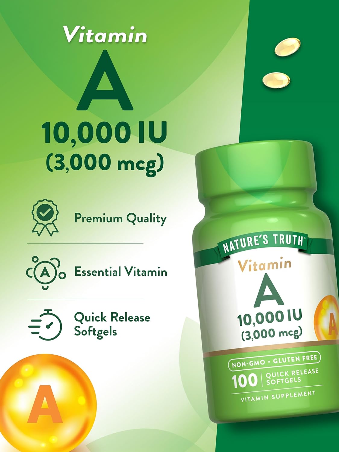 Nature's Truth Vitamin A 10000 IU Softgels | 100 Count | Non-GMO & Gluten Free Supplement : Health & Household