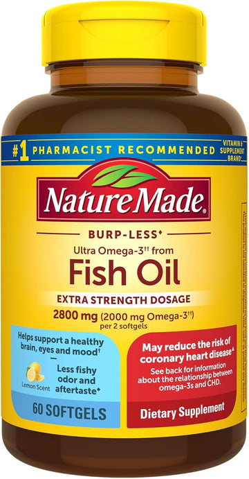 Nature Made Extra Strength Omega 3 Fish Oil Supplements, 2800Mg, Fish Oil Omega 3 Supplements As Ethyl Esters For Healthy Heart, Brain, Eyes, Mood Support, 60 Softgels, 30 Day Supply