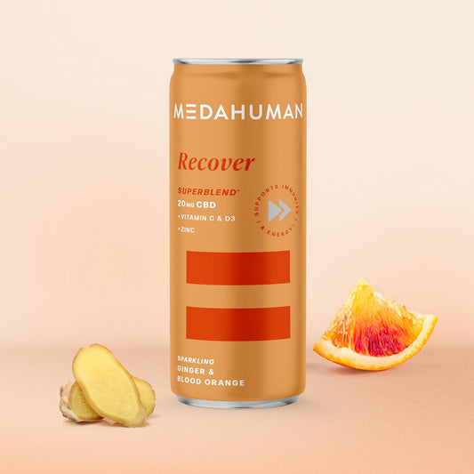 Medahuman Cbd Drink (20Mg), Recover, Blood Orange & Ginger, With Turmeric, Zinc, Vitamin C & D3, Low Calorie, Immune System Booster, Adaptogens & Cbd Infused Fizzy Drink (Pack Of 12 X 250Ml)