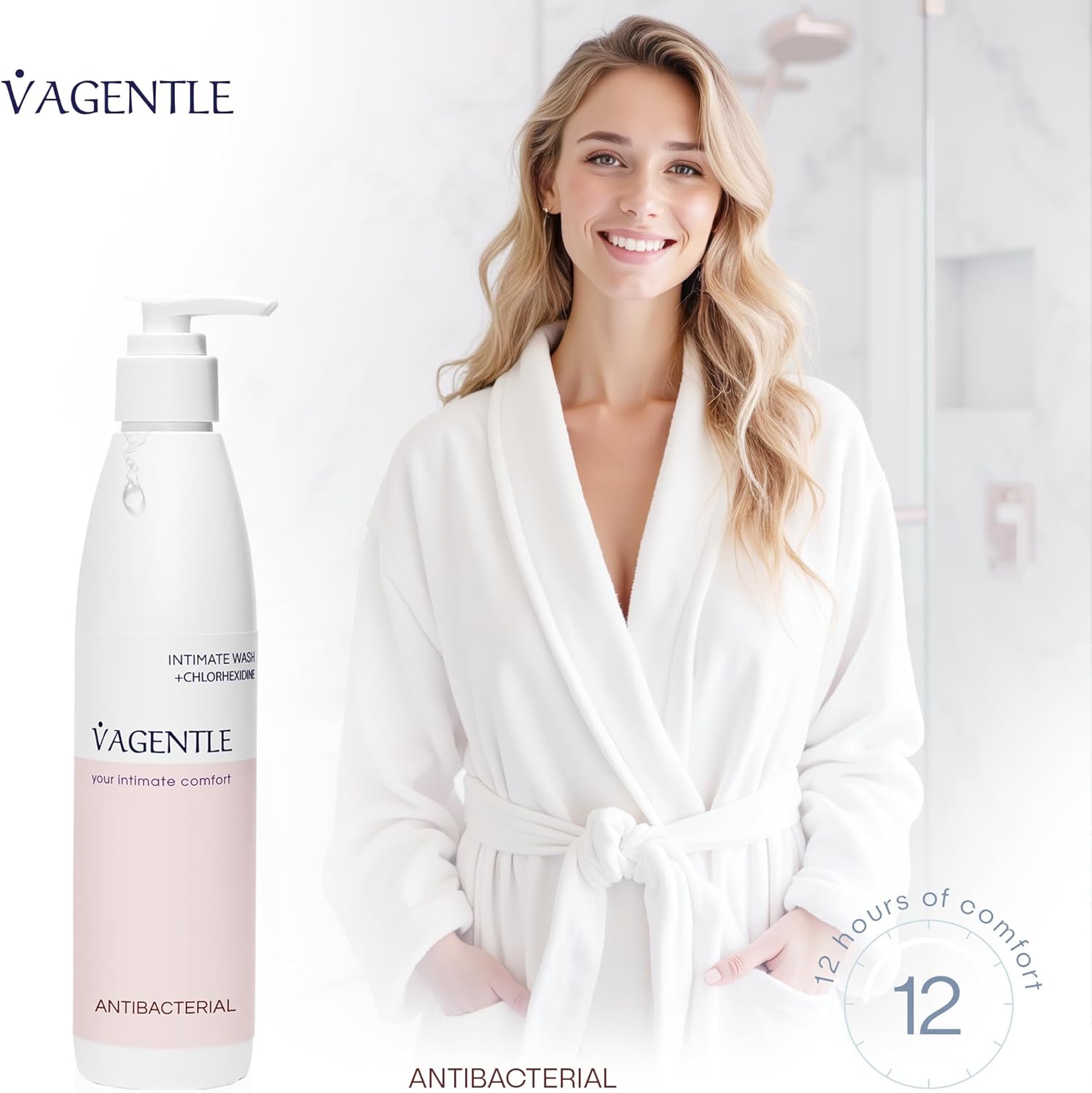 Vagentle Antibacterial Feminine Hygiene Intimate Wash With Chlorhexidine For Strong Antibacterial Effect, Infection Protection & Odor Control, Ph-Balanced & Soap-Free For Gentle Daily Care, 250Ml