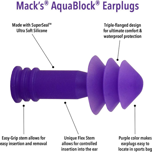 Mack'S Aquablock Swimming Earplugs, 2 Pair - Comfortable, Waterproof, Reusable Silicone Ear Plugs For Swimming, Snorkeling, Showering, Surfing And Bathing (Purple)