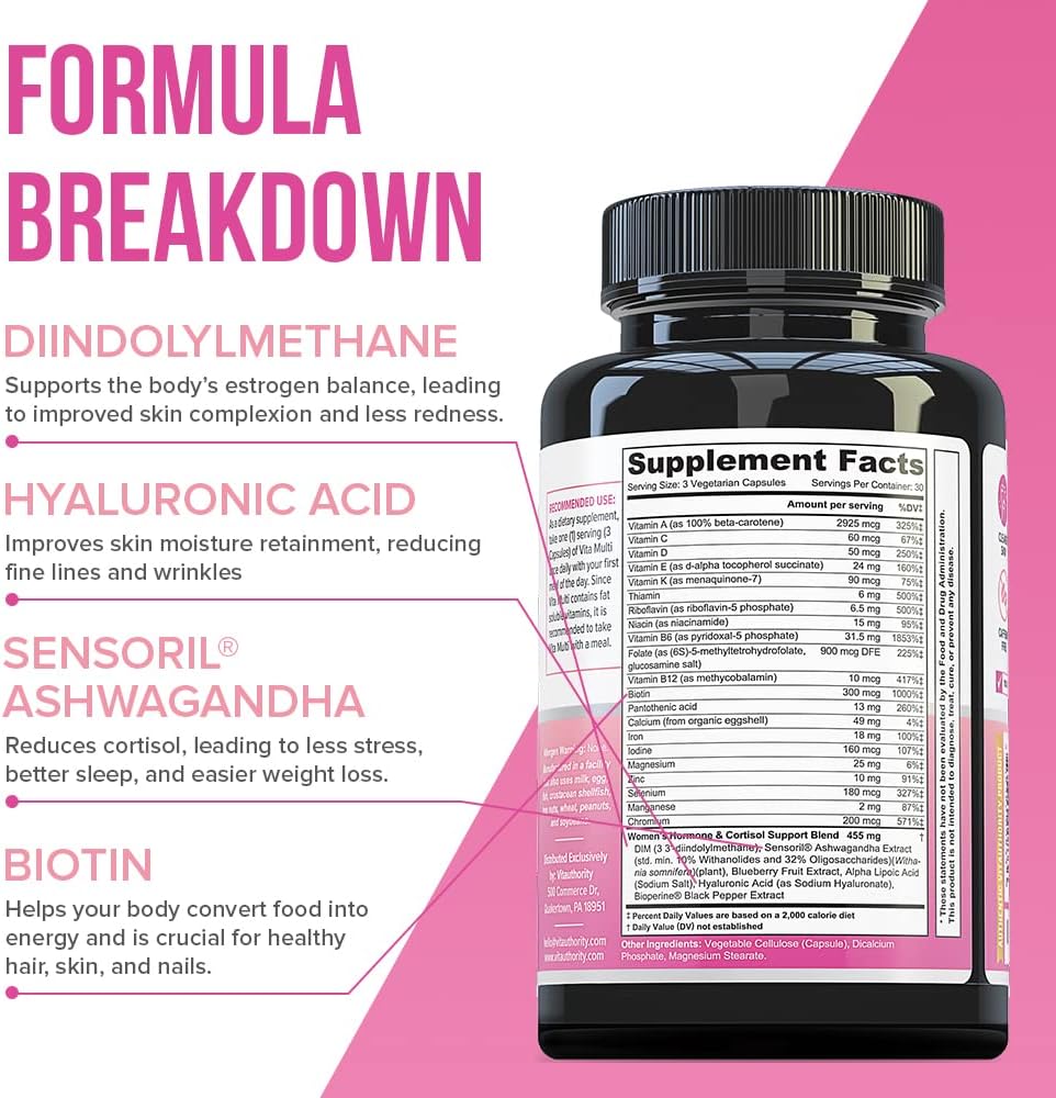 Vita Multi Multivitamin For Women: Women’S Daily Multi-Vitamin Supplement With Dim, Iodine, Ashwagandha | Supports Youthful Complexion, Healthy Cortisol And Estrogen Balance - 30 Day Supply