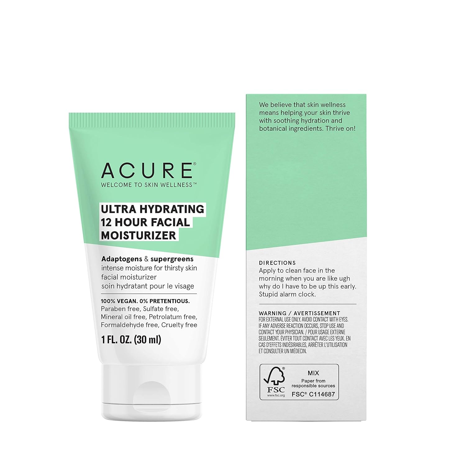 Acure Ultra Hydrating 12 Hour Facial Moisturizer - Intense Morning Moisture For Dry Dull Skin - Infused Blend Of Adaptogens Aswagandha & 7 Supergreens - All Natural Vegan Cream Formula - 1 Fl Oz : Beauty & Personal Care