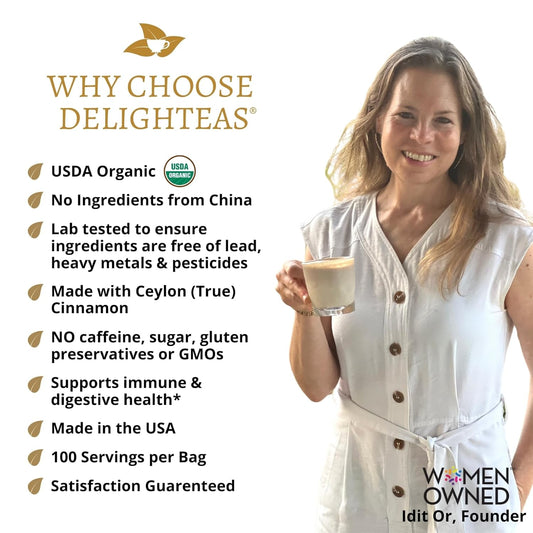 Delighteas Organic Masala Chai Powder | Caffeine Free, Unsweetened, Vegan, Keto | Ayurvedic Digestive Support Blend For Chai Spice Tea | 100 Servings, 4Oz