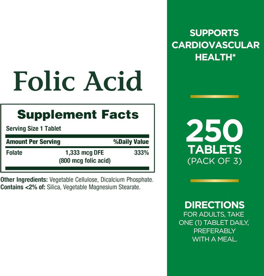 Nature'S Bounty Folic Acid 800 Mcg Tablets Maximum Strength, 250 Count (Pack Of 1)