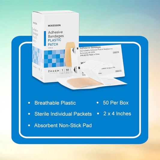 Mckesson Adhesive Bandages, Sterile Plastic Patch Rectangle, Tan, 2 In X 4 In, 50 Count, 24 Packs, 1200 Total