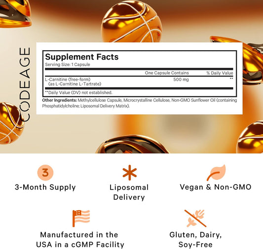 Codeage Liposomal L-Carnitine+ Supplement - 500 Mg L-Carnitine L-Tartrate Per Serving - Free-Form Amino Acid - Carnitine - Liposomal Delivery - Vegan, Non-Gmo, Gluten-Free - 90 Capsules
