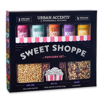 Urban Accents Movie Night Sweet Shoppe Gift Set Collection-Popcorn Seasoning Variety Pack (Set Of 8) - 3 Non-Gmo Popcorn Kernel Packs And 5 Gourmet Popcorn Snack Seasonings