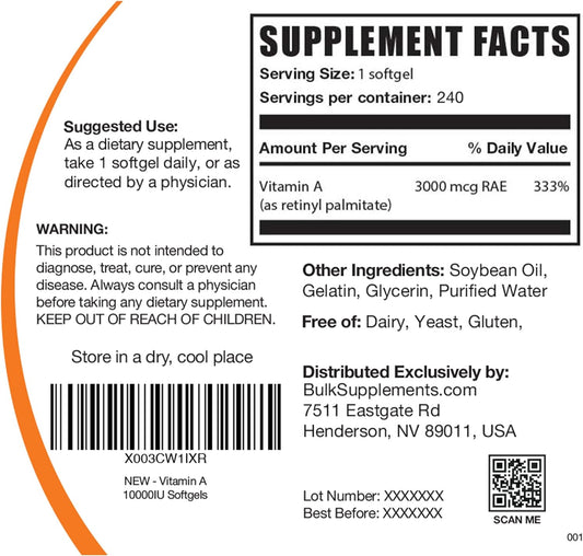 Bulksupplements.Com Vitamin A 10000 Iu Softgels - Vitamin A Retinyl Palmitate, Vitamin A Pills - Vitamin A Supplement, Eye Supplements - Gluten Free, 1 Softgel Per Serving, 240 Softgels