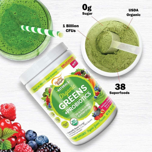 Healthy Delights Naturals - Organic Greens Plus Probiotics Powder - Naturally Boost Energy - Usda Organic - Delicious Berry Flavored - 30 Servings