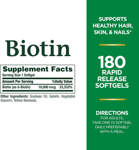 Nature'S Bounty Biotin, Supports Healthy Hair, Skin And Nails, 10,000 Mcg, Rapid Release Softgels, 180 Ct