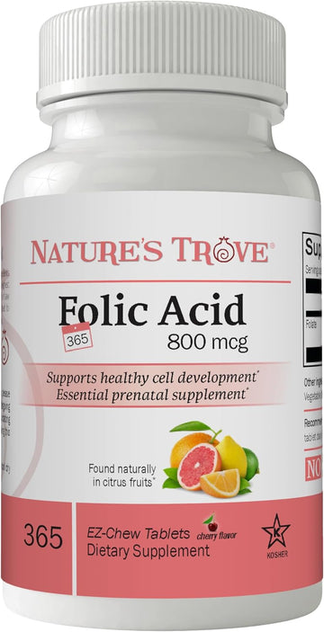 Nature'S Trove Folic Acid 800 Mcg (B9 Vitamin) 365 Ez Chew Tablets Cherry Flavor
