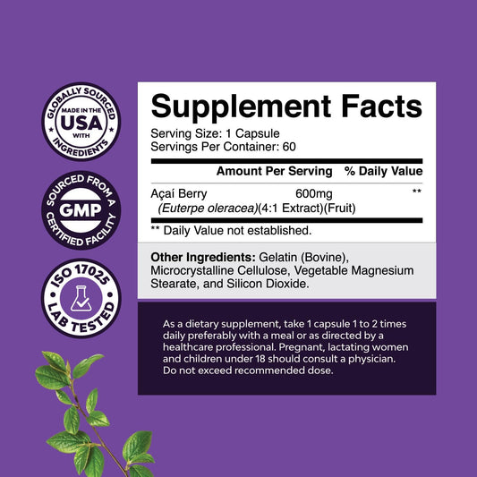Acai Berry Antioxidant Support Weight Loss Supplement For Women And Men - Vitamins Minerals Antioxidant Formula Supports Immune System And Boost Energy Cognitive Health - 60 Servings