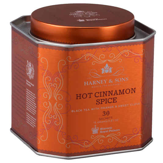 Harney & Sons Hot Cinnamon Spice Tea Tin - Black Tea With Orange & Sweet Clove - 2.67 Ounces, 30 Sachets