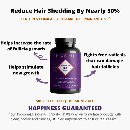 Naomi Keratin Vegan Hair Growth Supplement For Women, Biotin (Vitamin B) & Zinc, Soluble Keratin, Strong Hair & Nails Vitamins, Added Resveratrol For Healthy Aging, 60 Capsules