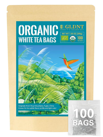 Gldnt Organic White Tea Bags, Natural Premium Organic White Tea, Mellow & Delicate Taste, Caffeinated, 100 Count