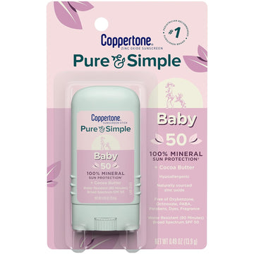 Coppertone Pure and Simple Baby Sunscreen Stick SPF 50, Zinc Oxide Mineral Sunscreen for Babies, Tear Free, Water Resistant, Broad Spectrum SPF 50 Sunscreen, 0.49 Oz Stick