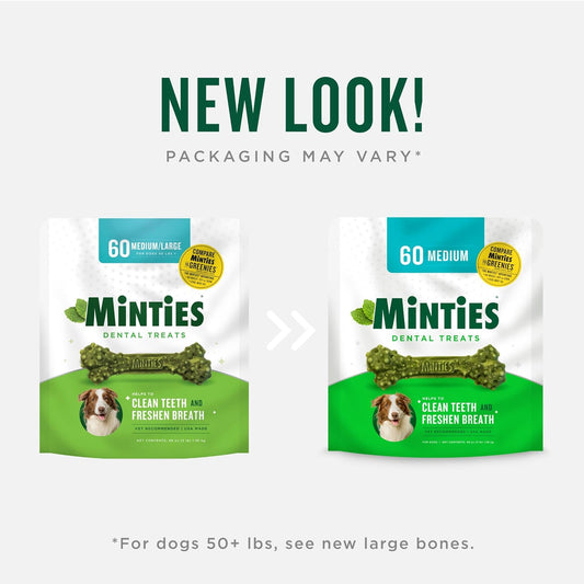 Minties Dental Chews For Dogs, 8 Count, Vet-Recommended Mint-Flavored Dental Treats For Medium Dogs 25-50 Lbs, Dental Bones Clean Teeth, Fight Bad Breath, And Removes Plaque And Tartar