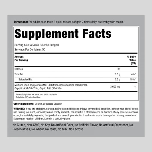 Piping Rock Mct Oil Capsules 3600Mg | 150 Softgels | Keto-Approved | Non-Gmo, Gluten Free Supplement