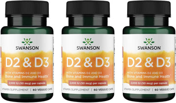 Swanson Vitamin D Complex With Vitamins D2 & D3 - Complete Sunshine Vitamin Complex For Bone, Dental & Immune Health - Vitamin Supplement ( 50 Mcg, 60 Veggie Capsules ) 3 Pack