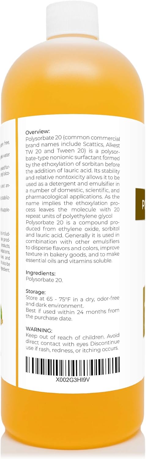 Polysorbate 20 by Velona - 32 oz | Solubilizer, Food & Cosmetic Grade | All Natural for Cooking, Skin Care and Bath Bombs | Use Today - Enjoy Results : Beauty & Personal Care