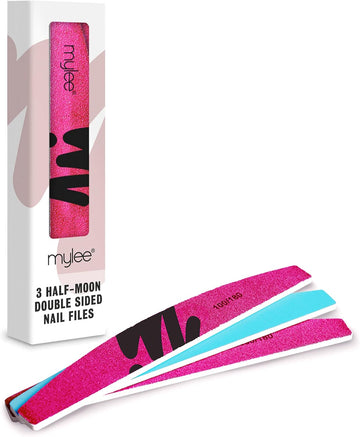 Mylee 3 Pack Double Sided Half Moon Nail File 100/180 Grit - Salon Quality Nails, Professional Manicure Tool - Use On Natural Nails Or Extensions
