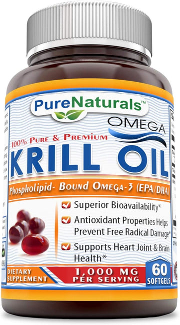 Pure Naturals Krill Oil 1000 mg Per Serving Softgels (Non-GMO, Gluten-Free) - Superior Bio-Availability* Antioxidant Properties Helps Prevent Free Radical Damage* (60 Count)