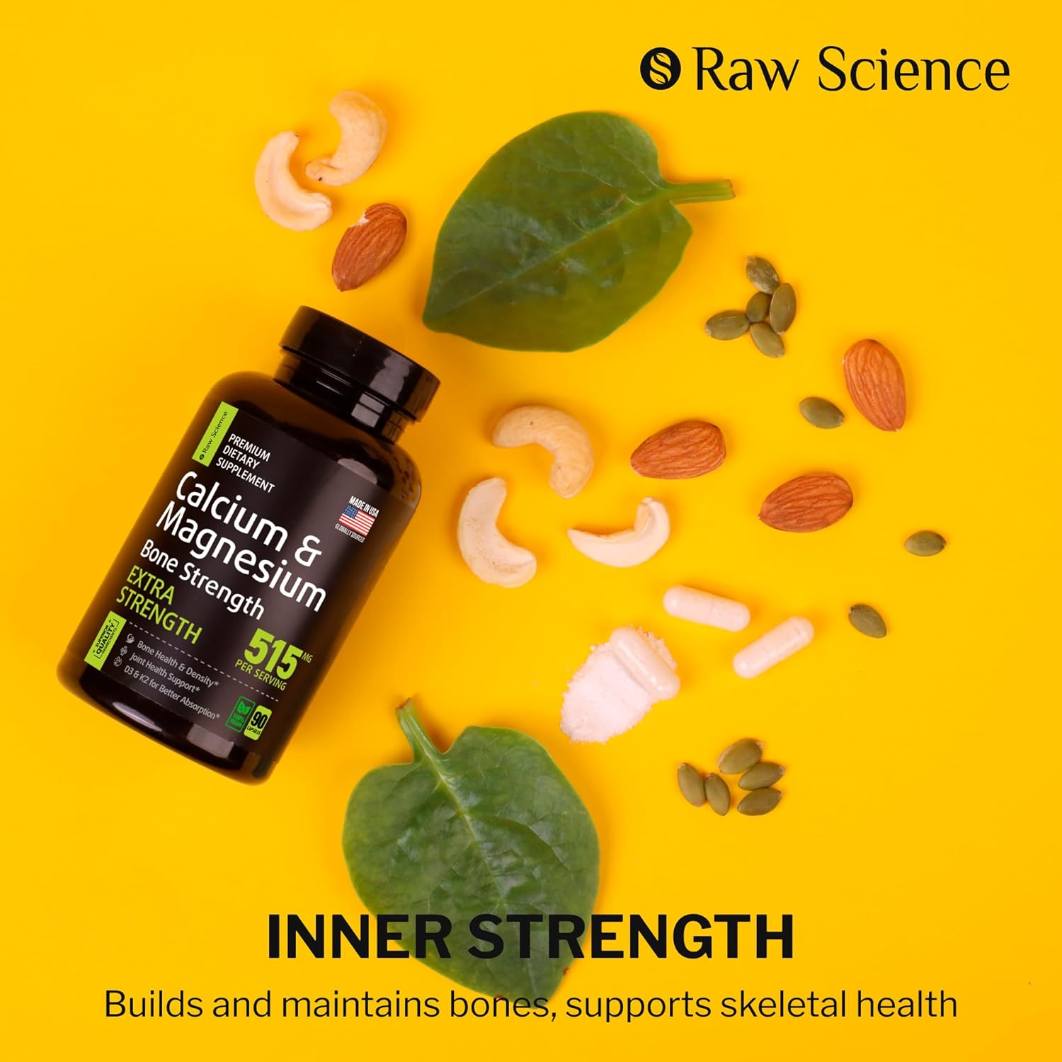 Calcium Citrate with Vitamin D3, K2 & Magnesium - Bone Strength Supplements 515 mg - Plant Based Calcium Supplement for Women & Men - Magnesium + Calcium D3 K2 Pills for Bone Health - 90 Capsules : Health & Household