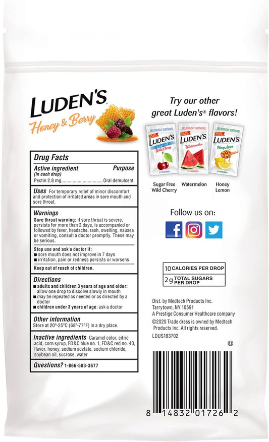 LudenāS Soothing Throat Drops, Honey Berry, 25 Count (Pack Of 1)