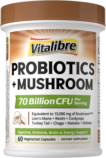 Probiotics+Mushroom, With Lion'S Mane, Reishi, Cordyceps, 10 Probiotic Strains, 10000Mg Mushroom Strength, For Digestive, Immune, Brain Health & Energy Production, 60 Vegan Capsules