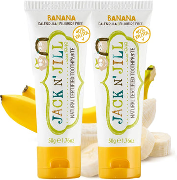 Jack N' Jill Natural Certified Toothpaste - Baby & Toddler Toothpaste, Fluoride-Free, 40% Xylitol, Sugar-Free, Safe For 6 Months And Up, Makes Tooth Brushing Fun, Organic Banana Flavour, 2 X 50G