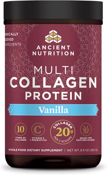Ancient Nutrition Collagen Peptides Powder, Multi Collagen Protein, Women & Men, Vitamin C, Probiotics, Hydrolyzed Collagen, Supports Skin, Joints, Gut Health, Vanilla, 24 Servings