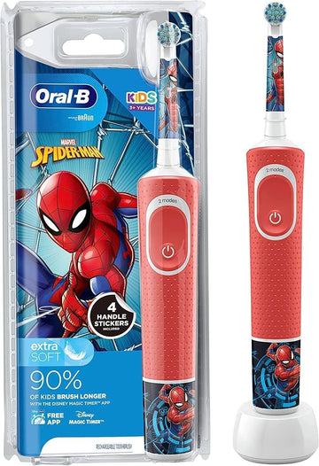 Oral-B Kids Electric Toothbrush, 1 Toothbrush Head, X4 Spiderman Stickers, 2 Modes With Kid-Friendly Sensitive Mode, For Ages 3+, 2 Pin Uk Plug, Red