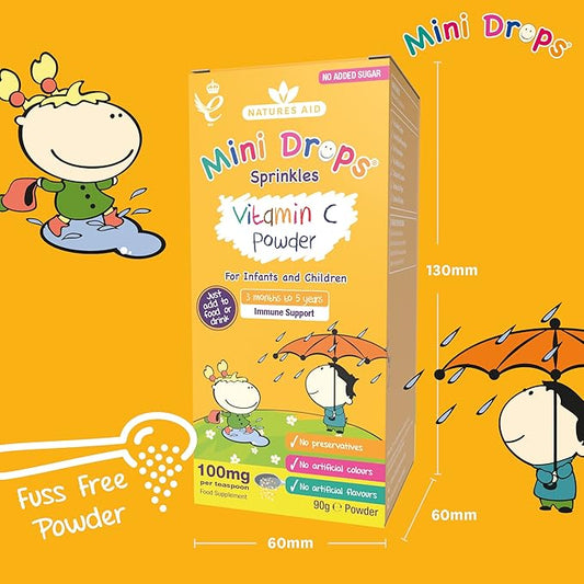 Natures Aid Mini Drops Vitamin C Sprinkles 90G For Infants & Kids - Immune System Support - No Sugar, Vegan, Gluten-Free, Non-Gmo - Easy-To-Use Daily Supplement For Children Aged Under 5