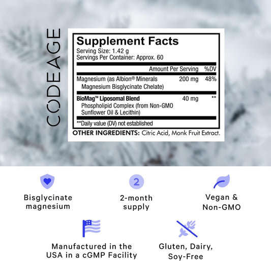 Codeage Magnesium Glycinate Powder Supplement, 2-Month Supply, Bisglycinate Magnesium Chelate, Unflavored, Liposomal Delivery & Absorption, Chelated Magnesium Powder Mineral, Non-Gmo Vegan, 3 Oz