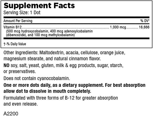 Mt. Angel Vitamins - Triple B-12 Dots, Supports Nervous System & Energy Production (90 Dots)