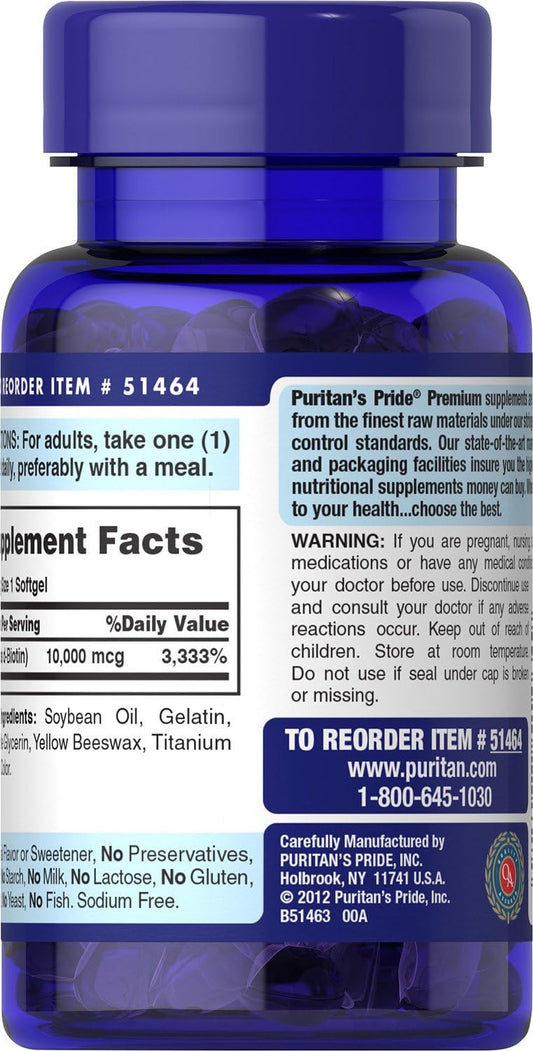 Puritan'S Pride Premium Ultra Mega Biotin 10,000Mcg, Dietary Supplement For Healthy Hair, Skin, Nails, And Energy Metabolism Support,100 Day Supply, 100 Rapid Release Softgels