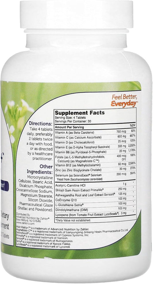 Zahler Male Vitality+ Male Support Enhancing Supplement Formula With Shilajit, Ashwagandha, Coq10, Vitamins And Minerals - Kosher Non-Gmo Mens Health Supplement For Reproductive Wellness (120 Count)