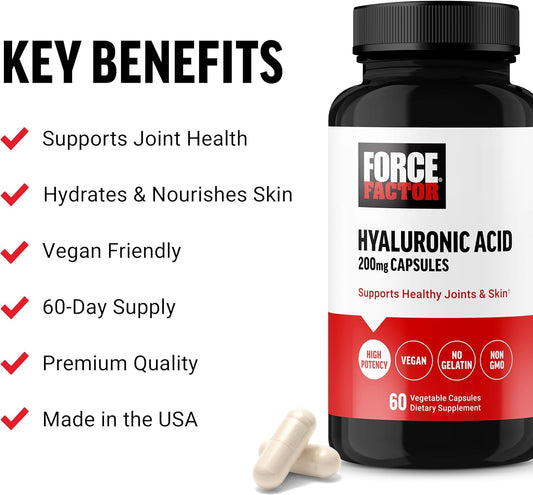Force Factor Hyaluronic Acid Supplements, Hyaluronic Acid Capsules For Joint Health And Skin Hydration, Joint Health Supplement For Women And Men, High Potency, Vegan, 60 Capsules