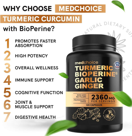 4-In-1 Turmeric And Garlic Supplements With Bioperine 2360 Mg (120 Ct) Turmeric Ginger Root Capsules With Garlic - Turmeric Curcumin With Black Pepper For Joint, Digestion & Immune Support (Pack Of 1)